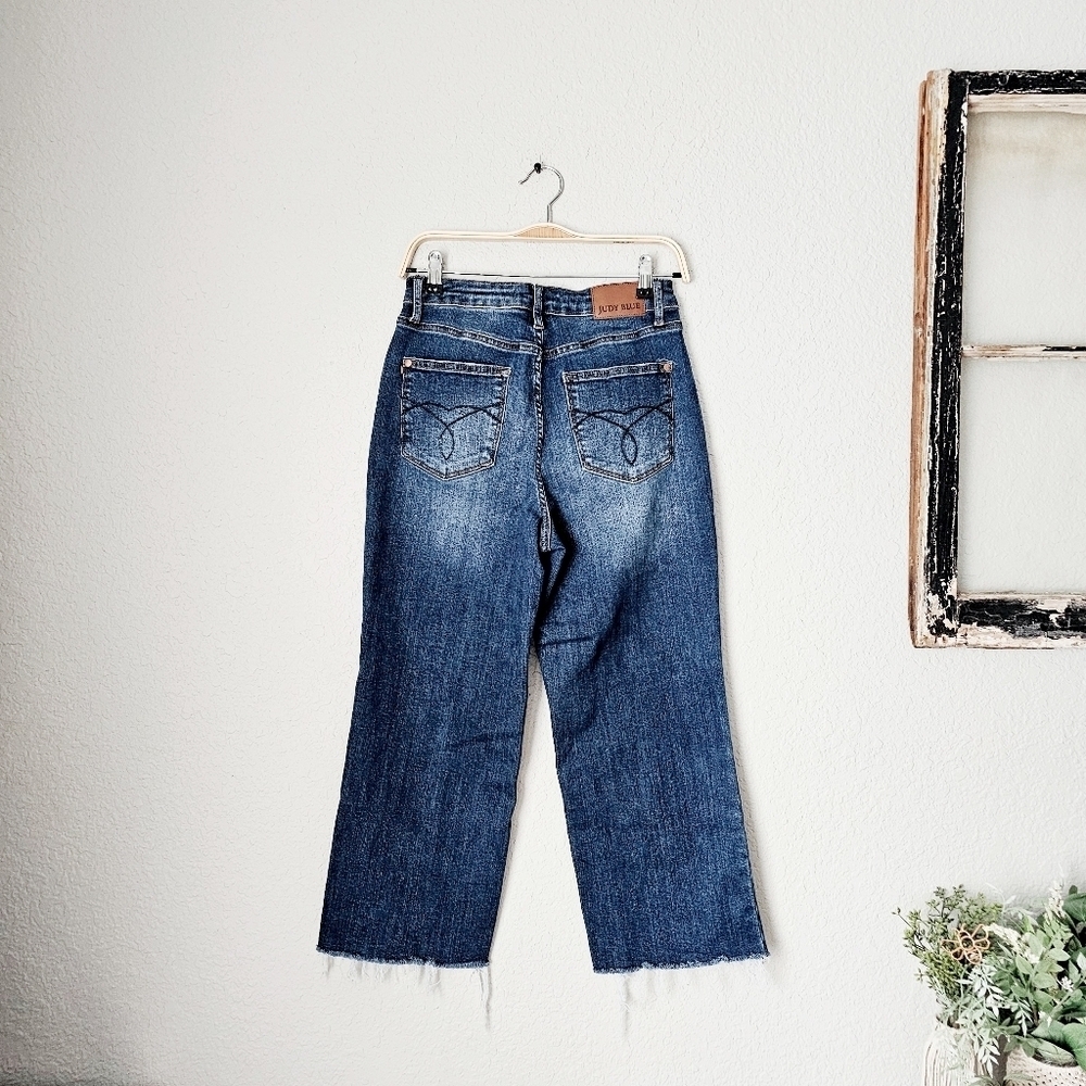 Judy Blue HR Wide Leg Raw Hem Cropped Denim Jeans Embroidered Pockets 5/27 - Picture 9 of 12